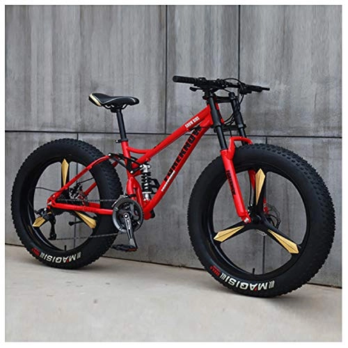 Fat Tire Mountainbike : QMMD 26 Zoll MTB, MTB Fahrrad für Herren und Damen, Vollfederung Mountain Bike, 7-21-24-27-Gang Mountainbike, Rahmen aus Kohlenstoffstahl, Fette Reifen Fahrrad, Red 3 Spoke, 27 Speed