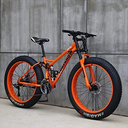 Fat Tire Mountainbike : UYHF 26" Mountainbikes, Erwachsenes Fat Tire Mountain Trail Bike, 21-Gang-Fahrrad, Kohlenstoffstahlrahmen Dual Full Suspension Dual Disc Brake orange- 24 Speed