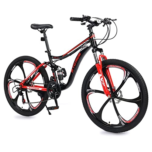 Mountainbike : AZXV Erwachsene Mountainbike volles Suspension Hoch-Kohlenstoffstahl-Fahrrad, mechanische Dual-Scheiben-Bremsen Stoßdämpfendes Verschieben von MTB-Fahrrad, 21 Geschwindig red