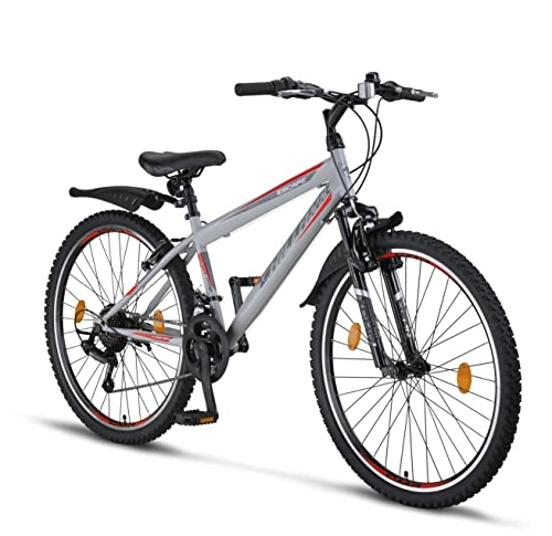 Mountainbike : Chillaxx Bike Escape Premium Mountainbike in 24 und 26 Zoll Fahrrad für Mädchen Jungen Herren und Damen - 21 Gang Schaltung (26 Zoll, Grau-Rot V-Bremse)