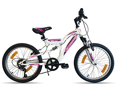 Mountainbike : Flamingo Actimover Mädchen-Fahrrad mit Teleskopgabel, 6 Gänge pro Drehgriff, Mountainbike, 20 Zoll, vollgefedert, Weiß und Fuchsia