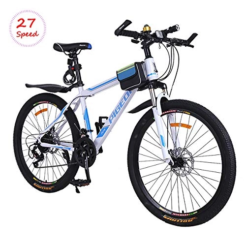 Mountainbike : PXQ 27 Geschwindigkeiten Mountainbike Erwachsene 26 Zoll High Carbon Rahmen Fahrrad mit Doppelscheibenbremsen und Stoßdämpfer Vorderradgabel, White, 26Inch