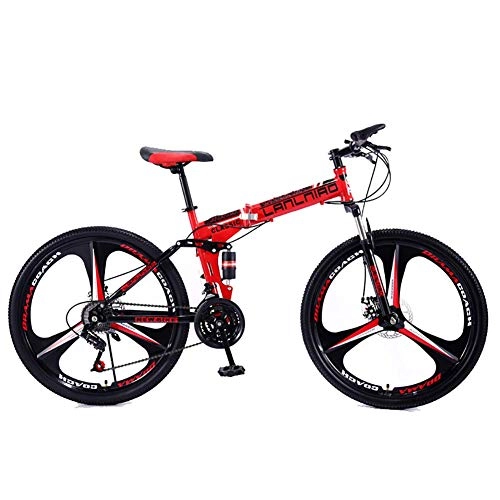 Mountainbike : SANLDEN Unisex-Mountainbike 21 / 24 / 27 Geschwindigkeit Stahlrahmen mit hohem Kohlenstoffgehalt 26 Zoll 3-Speichen-Räder Zweifach gefaltetes Faltrad mit Scheibenbremsen, Red, 24Speed