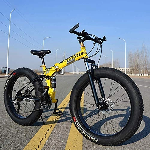 Zusammenklappbare Mountainbike : CHHD 21-Gang-Mountainbike 26 * 4.0 Fat Tire Bikes Stoßdämpfer Fahrrad-Snowbike, klappbare Variable Offroad-Strand-Schneemobil 4.0 Super Wide-Reifen, gelb, 24
