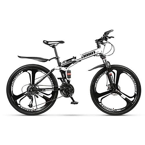 Zusammenklappbare Mountainbike : FJW Unisex-Mountainbike Klapprahmen MTB-Bike Dual Suspension Mens Bike 21 / 24 / 27 / 30 Geschwindigkeiten 26inch 3-Speichen-Räder High-Carbon Stahlrahmen Fahrrad mit Scheibenbremsen, Black, 27Speed