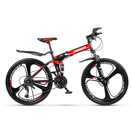 Zusammenklappbare Mountainbike : FJW Unisex-Mountainbike Klapprahmen MTB-Bike Dual Suspension Mens Bike 21 / 24 / 27 / 30 Geschwindigkeiten 26inch 3-Speichen-Räder High-Carbon Stahlrahmen Fahrrad mit Scheibenbremsen, Red, 27Speed