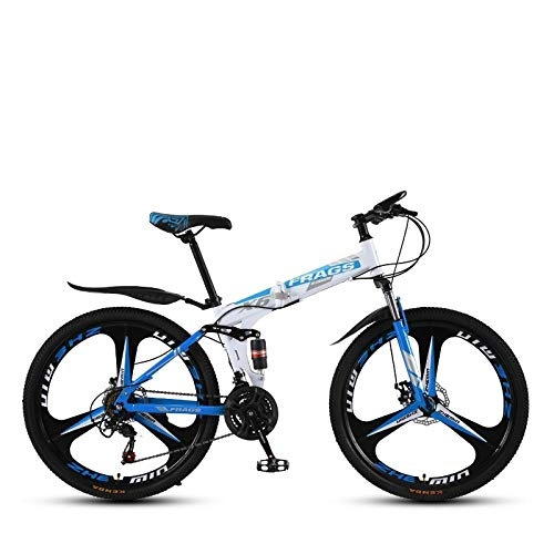 Zusammenklappbare Mountainbike : Folding Mountain Bike 24 Inch Double Damping Off-Road / Variable Speed ​​Mountain Bike Tri-Cutter Wheel-weiß Blau_21 Geschwindigkeit