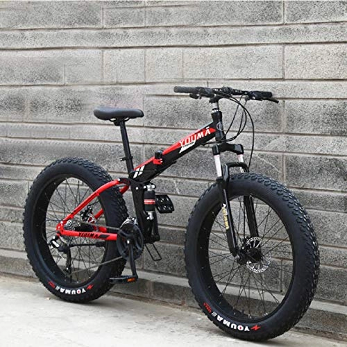 Zusammenklappbare Mountainbike : Freizeitrad Super Wide Tire Folding Bike Mountainbike 20 / 24 / 26 Zoll Geschwindigkeit Erwachsene Studenten Mnner Und Frauen-Black_Red_24_Inch_21_Speed