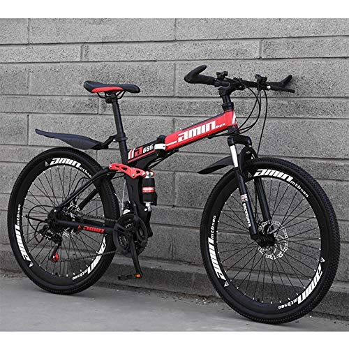 Zusammenklappbare Mountainbike : HARUONE Faltbare Mountain Bike 26 Zoll Mit Verstellbarem Sitz, 21 / 24 / 27 / 30 Geschwindigkeit High-Carbon Stahl Doppelscheibenbremse, Rot, 24speed