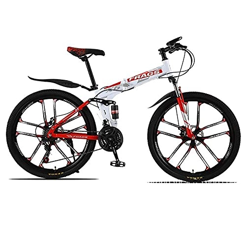 Zusammenklappbare Mountainbike : HJRBM Fahrrad für Erwachsene， 26 Zoll faltendes Mountainbike， 24-Gang-MTB， 10-Messerrad-Fahrrad， Doppelscheibenbremsen (Farbe: Weiß Rot) fengong
