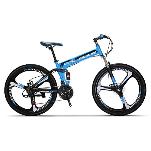 Zusammenklappbare Mountainbike : HLMIN Klappfahrrad 21 Speed Mountainbike 26 Zoll 3-Speichen-Laufrder MTB Dual Suspension Fahrrad (Color : Blue, Size : 21Speed)