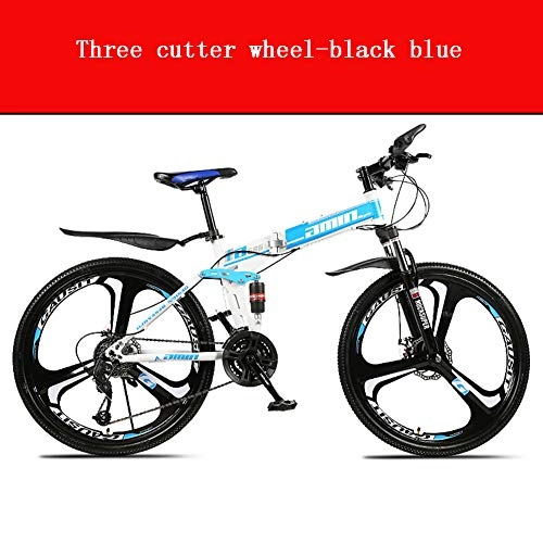 Zusammenklappbare Mountainbike : Huwai Mountainbike, Aluminium-Rahmen Fahrrad-Gabel Federung 3 Speichen-Räder Doppelaufhebung Faltrad 24 / 27 Geschwindigkeit MTB Outdoor Radfahren, Blau, 27 Speed