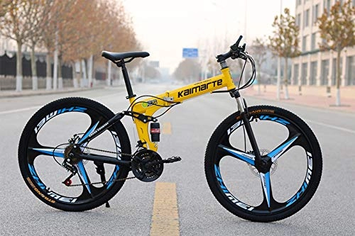 Zusammenklappbare Mountainbike : JINGQI Rad-Durchmesser (61 / 66cm) Folding Mountain Bike 21-Gangschaltung Dual Shock Absorber Scheibenbremse Integrated Rad Fahrrad, Gelb, 61cm