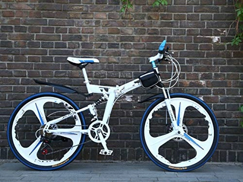 Zusammenklappbare Mountainbike : Liutao 26 Zoll Mountainbike, 21 Gänge, zusammenklappbar, Mountainbike, Doppelscheibenbremse, geeignet für Erwachsene, 61 cm (24 Zoll), Weiß und Blau