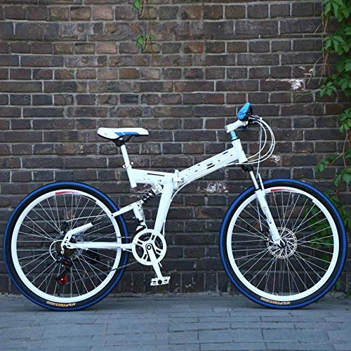Zusammenklappbare Mountainbike : Liutao 26 Zoll Mountainbike, 21 Gänge, zusammenklappbar, Mountainbike, Doppelscheibenbremse, geeignet für Erwachsene, 66 cm, Weiß und Blau