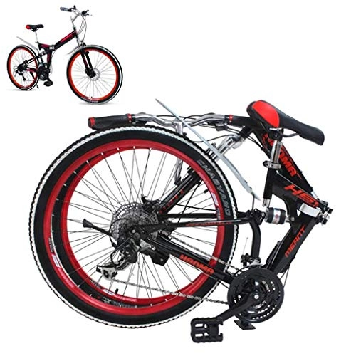 Zusammenklappbare Mountainbike : seveni Adult Folding Mountainbike 21-Gang-Fahrrad MTB-Bikes mit Vollfederung 24 / 26 Zoll Räder, Gepäckträger hinten, rot
