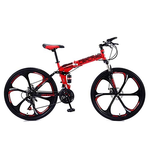 Zusammenklappbare Mountainbike : Unisex Mountainbike mit Zwei Federn 21 / 24 / 27 Geschwindigkeiten Klapprahmen MTB-Bike 26 Zoll 6-Speichen-Räder mit Doppelscheibenbremse, Red, 21Speed