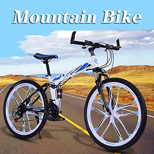 Zusammenklappbare Mountainbike : XRQ Voll Doppel-Suspension Mountainbike Dual Disc Brake, High Carbon Stahlrahmen 26 Zoll-Männer Folding Mountain Bike, 24 Geschwindigkeit, Weiß, 26IN
