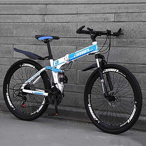 Zusammenklappbare Mountainbike : XUELIAIKEE Mountainbike Für Die Jugend Erwachsene, Kohlenstoffstahl 27 Geschwindigkeit Mountainbike Spoke Wheel Dual Suspension Faltrad Klapprad Zahnräder Fahrräder-Blau. 24 Inches