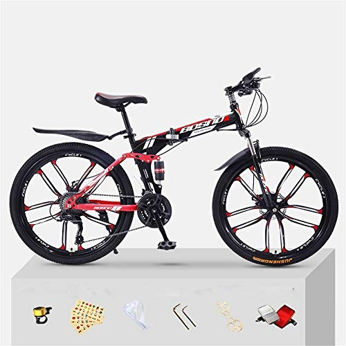 Zusammenklappbare Mountainbike : ZJDU High Carbon Steel Frame Folding Damping Mountainbike Fahrrad Für Erwachsene, Speed Doppelscheibenbremse Erwachsenenfahrrad, Rot, 26 inch 27 Speed