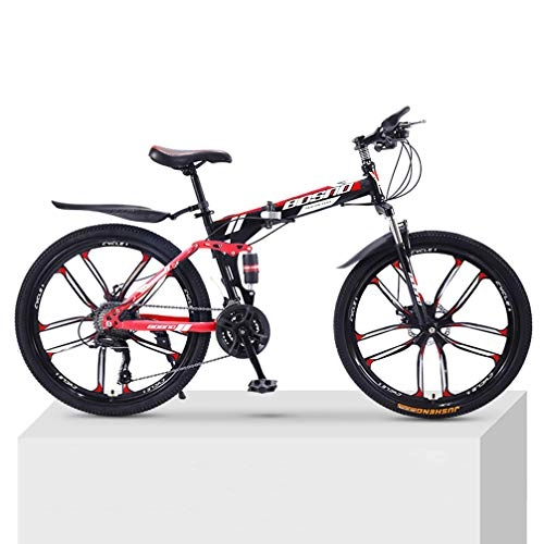 Zusammenklappbare Mountainbike : ZKHD 24-Gang-10-Messer Rad Mountainbike Fahrrad Für Erwachsene Doppelstoßdämpfer Falten Offroad-Variabler Geschwindigkeit Unisex Fahrrad, Black red, 26 inch