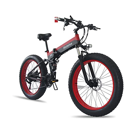 Zusammenklappbares elektrisches Mountainbike : 26 inch Folding Electric Bicycle, e-Bike, Electric Mountain Bike with 4.0 inch Fat tyre, 48 V 15 Ah Battery, 1000 W Motor, Shimano 21 Speed Gears (rot)