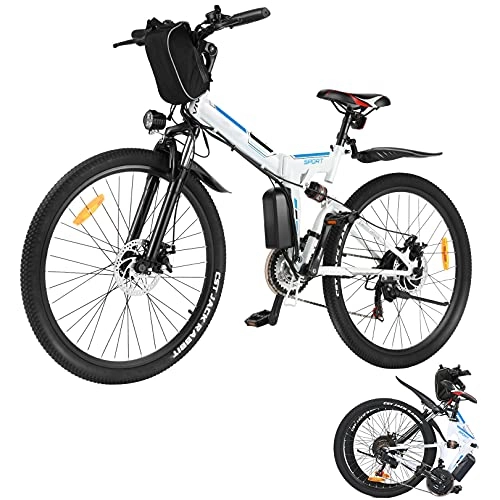 Zusammenklappbares elektrisches Mountainbike : E-Bike / Elektrofahrrad / E-Mountainbike, 26 Zoll Erwachsene Faltbar E-Klapprad mit doppelten Stoßdämpfung Pedelec mit Abnehmbare 36V / 8Ah Batterie (Blau Weiß, 26 Zoll)