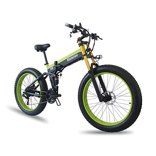 Zusammenklappbares elektrisches Mountainbike : Electric Bike, 26 Inch Foldable Electric Mountain Bike, 4.0 Inch Grease Tyres, Electric Beach Snow E Bike, 48 V, 15 Ah Removable Li-Ion Battery E Bicycle for Adults, Men and Women (Grün)