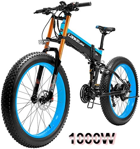 Zusammenklappbares elektrisches Mountainbike : Elektrofahrrad, 1000W 26 Zoll Fat Tire elektrisches Fahrrad Mountain Beach Schnee-Fahrrad for Erwachsene EBike mit abnehmbarem 48V14.5A Lithium-Batterie, Fahrrad (Color : Blue, Size : 1000W)