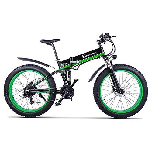 Zusammenklappbares elektrisches Mountainbike : YSNJG 1000W elektrisches Fahrrad 21 Beschleunigt 26-Zoll-Fat Tire Straßen-Fahrrad Strand / Schnee Bike mit Hydraulische Scheibenbremsen (Grün)