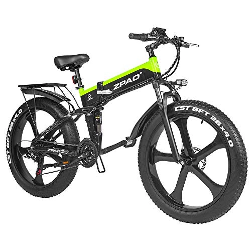Zusammenklappbares elektrisches Mountainbike : ZPAO 26 Zoll Fat Bike 1000W Klapp-Elektrofahrrad 21-Gang-Mountainbike Top-Marke Batterie-LCD-Display mit USB (Black Green, 48V 12.8Ah)