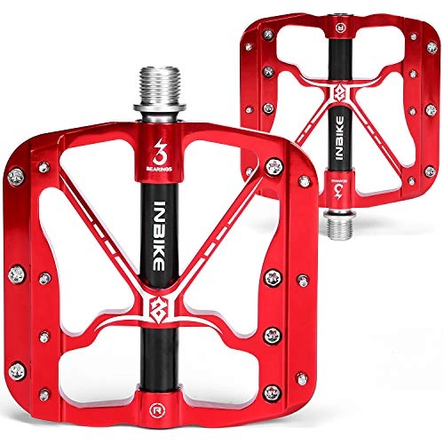 Pedali per mountain bike : INBIKE Pedali per Ciclismo Petali MTB Flat CNC Lega di Alluminio Ultra Assale Cuscinetto Sigillato Antiscivolo Pedali (Rosso)