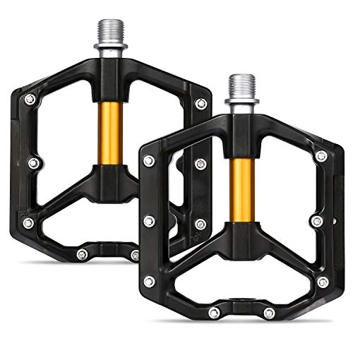 Pedali per mountain bike : Selighting Pedali MTB Bici Flat BMX Montagna da Corsa Pedale Bicicletta Ciclismo 9 / 16" Antiscivolo CNC in Lega di Alluminio Ultra Sealed Cuscinetto ASSE (Nero+Oro)