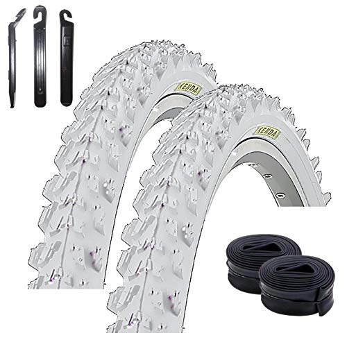 Pneumatici per Mountain Bike : maxxi4you - Set di 2 pneumatici Kenda K-829 da 26" per mountain bike, colore bianco, 50-559 (26 x 1.95) + 2 tubi AV abbinati, con 3 leve per pneumatici