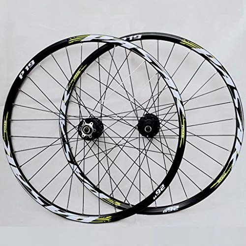 Ruote per Mountain Bike : Mountain Bike Set Ruota 32 □□ Fori 26" / 27.5" / 29" Drum Hub Bicycle Wheel Set Cuscinetto Freno a Disco Quick Release Cassette volano Nero + Verde Sign (Ruota Anteriore + Ruota Posteriore)