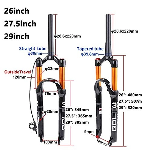 Fourches VTT : Xiaomei Fourche À Suspension en Alliage De Magnésium pour Vélo 26 / 27, 5 / 29 Pouces, Course De 1-1 / 8 : Fourche Avant De Vélo De 120 Mm 26 Orange