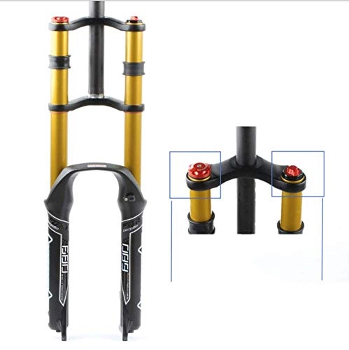 Fourches VTT : ZQN DH vélo Suspension Fourche, Fourche épaule, Ajuster Thes Pring Force 26 / 27, 5 / 29" Mountain Bike Air Double Descente Descente en Rappel Amortisseur 130mm Voyage Damping Frein à Disque, Jaune, 29in