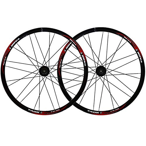 Roues VTT : HYLK 26pouces Frein à Disque à dégagement Rapide vélo Ensemble de Roues Avant arrière vélo Jante VTT Alliage à doubleparoi 24 trouspour Roue Libre 7 / 8 / 9 s (Jante Noire Logo Rouge)