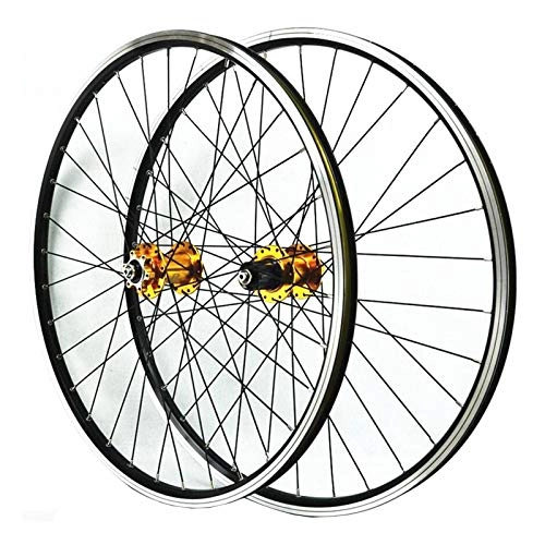 Roues VTT : LICHUXIN VTT Avant Arrière Roue, 26 Pouces Paire De Roues Paroi Double Libération Rapide Frein en V Frein À Disque 32H 7 / 8 / 9 / 10 / 11 Vitesse Cassette Roue Libre (Color : Yellow Hub)