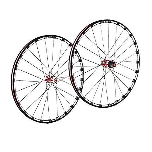 Roues VTT : Roues de vélo de montagne 26 / 27, 5 / 29 pouces à double paroi en alliage de frein à disque roulement scellé en fibre de carbone moyeu QR 7 / 8 / 9 / 10 / 11 24 trous (couleur : rouge, taille : 26 pouces)