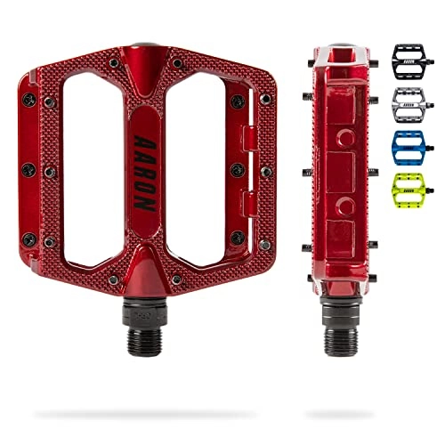 Pedales de bicicleta de montaña : AARON Rock - Pedales de MTB con rodamientos sellados de Calidad - Superficie Antideslizante con Pins Intercambiables - Rojo