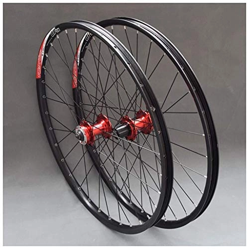 Ruedas de bicicleta de montaña : CHP Bicicletas de Ruedas de 26 Pulgadas MTB Ruedas de la Bici de Doble Pared de Llantas de Aluminio del Cassette del Eje rodamiento Sellado del Freno de Disco QR 32H 7-11 Velocidad (Color : Red Hub)