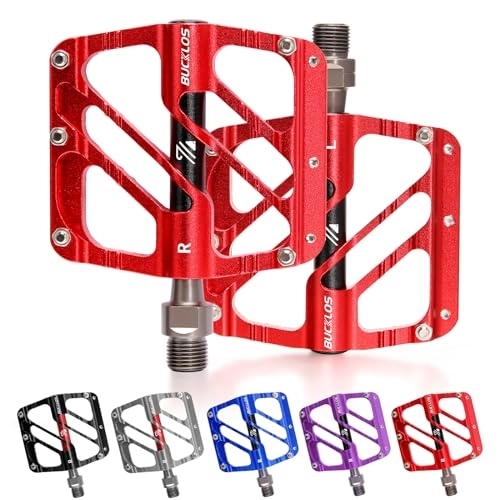 Mountain Bike Pedal : BUCKLOS MTB Flat Pedals Mountain Bike Pedals, 3 Bearings Adult Road Bike Bicycle Platform Pedals, CNC Aluminum Alloy Non-Slip Pedal for Gravel Bike / BMX 9 / 16"(Red)