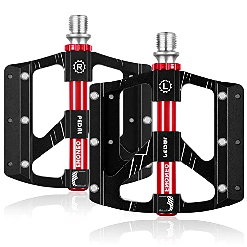 Mountain Bike Pedal : ENONEO Mountain Bike Pedals CNC Aluminum High-Strength MTB Pedals with 3 Sealed Bearing & 11.4cm Widened Area 9 / 16" Screw Thread Cycling Bicycle Pedals Metal BMX Bike Flat Pedals (Black+Red)