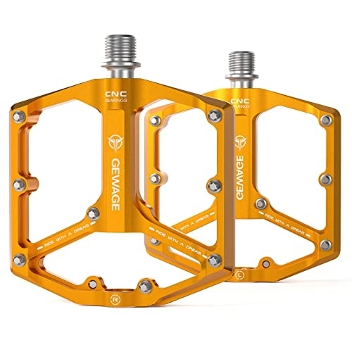 Mountain Bike Pedal : Road / Mountain Bike Pedals - 3 Bearings Bicycle Pedals - 9 / 16” CNC Machined Flat Pedals with Removable Anti-Skid Nails (Gold)