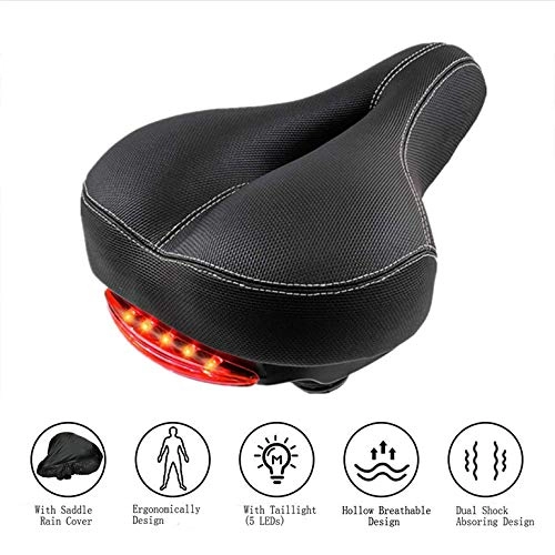 Mountain Bike Seat : Comfortable Bike Seat Cushion with Taillight for Men Women SOKLIT Wide Bicycle Saddle Waterproof Breathable Memory Foam Padded Leather, Dual Spring Design, Extra 2 Battery Gift