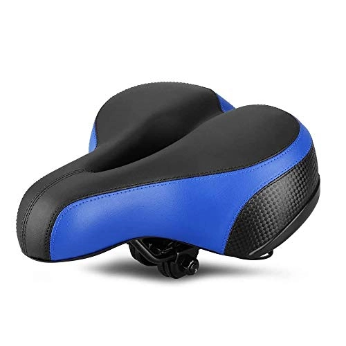 Mountain Bike Seat : FUJGYLGL Leather Soft Bicycle Saddle Dual Spring Suspension Bike Seat Wide Bottom Bike Seat with Safety Reflective Tape(Blue+Black)