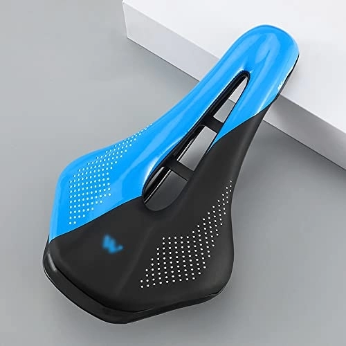 Mountain Bike Seat : Rwlre Racing Bicycle Saddle, Bicycle Saddle Mtb Mountain Road Racing Bike Seat Soft Pu Leather Hollow Breathable Cushion Cycling Part Accessories (Color : Blue, Size : 25 * 15cm)