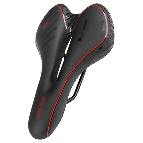 Mountain Bike Seat : Rwlre Racing Bicycle Saddle, Bike Saddle Mtb Mountain Road Bike Seat Pu Leather Gel Filled Cycling Cushion Comfortable Shockproof (Color : Black-Red, Size : 25 * 14cm)