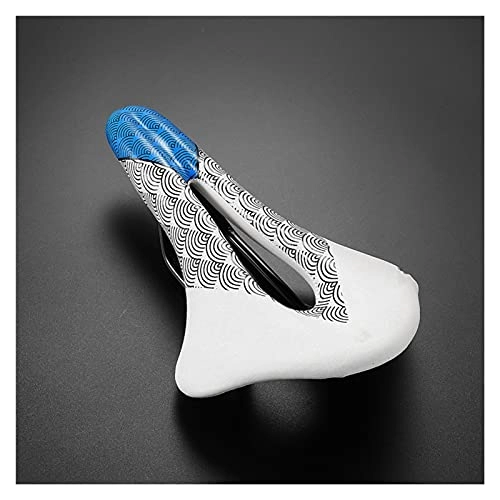 Mountain Bike Seat : SHUILIANDU Comfortable Bicycle Saddle MTB Mountain Road Bike Seat Soft PU Leather Hollow Breathable Cushion Cycling Accessories (Color : 117 White Blue)